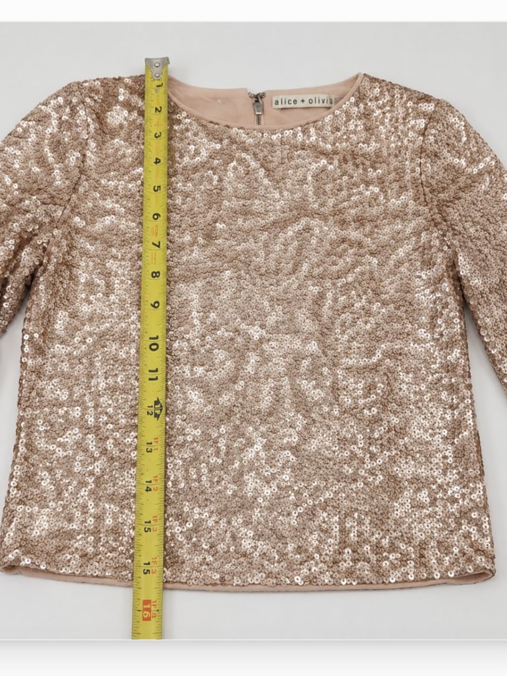 Alice + Olivia Champagne Sequin Long Sleeve Crop Top Skirt Set 0 Co-ord Set - Picture 8 of 10
